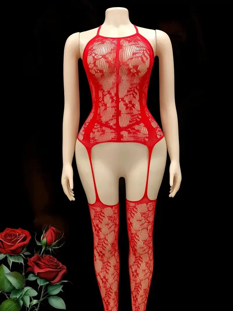 Sexy Crotchless Lingerie Fishnet Bodystocking – Floral Mesh Hollow Body Suit for Women