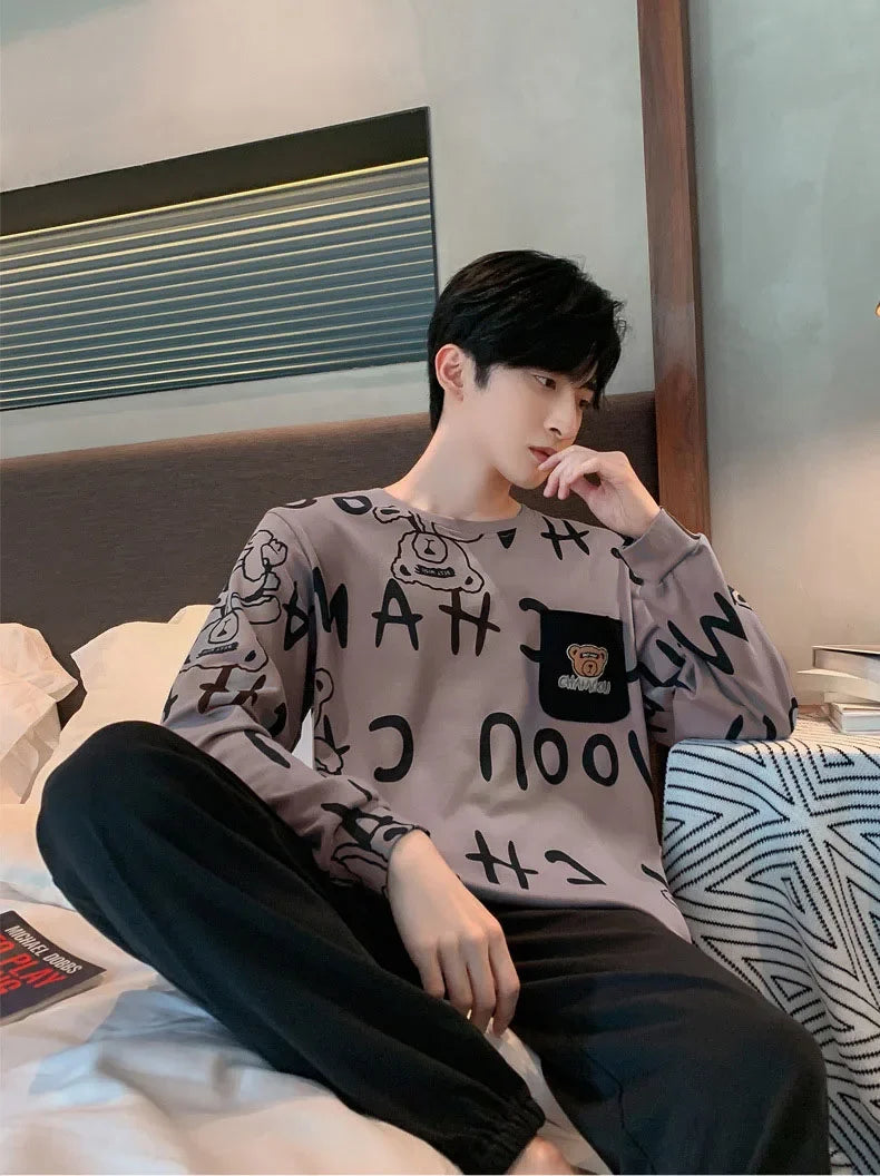 Two Piece Plus Size Men Pajamas Long Sleeve Loose Breathable Cartoon Bear Striped Letters Black Crew Neck Loungewear Set pj