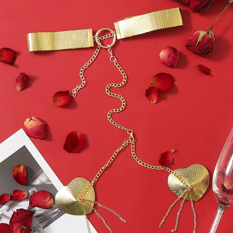 Sexy Metal Chain Linked Nipple Cover With Choker Nipple Pasties Reusable Women Bondage Choker Collar Body Chain Sex Games Toys