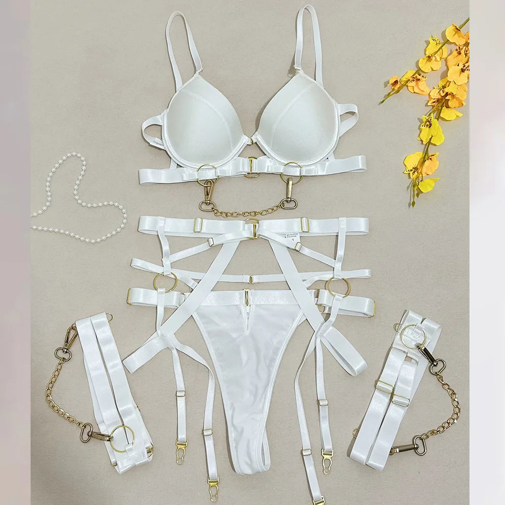 Sexy Hot Lingerie Set Women Hypersexual Chain Bra Panty Underwear 5-Piece Set Boudoir Studio Delicate Lace Garters Female