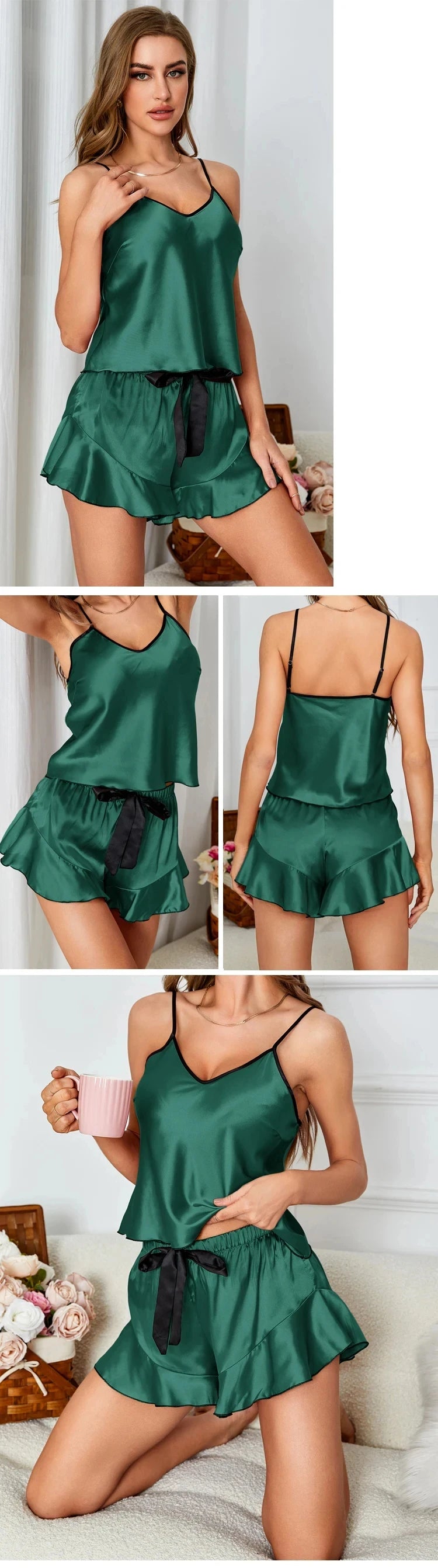 Women's Smooth Satin Pajamas V-Neck T-Shirt Ruffled Edges And Bow Shorts Simple And Breathable Pajama Set Sling Home Clothing