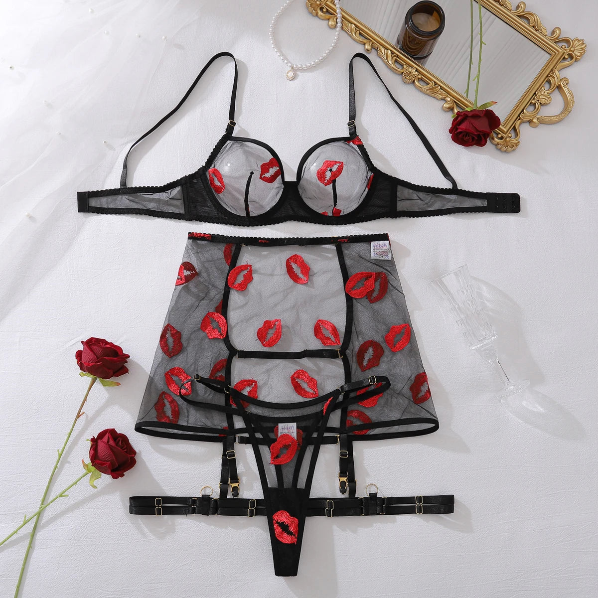 New Women's Mesh Perspective Red Lips Pure Desire Sexy Body Shaping Thin Underwear Split Four Piece Set