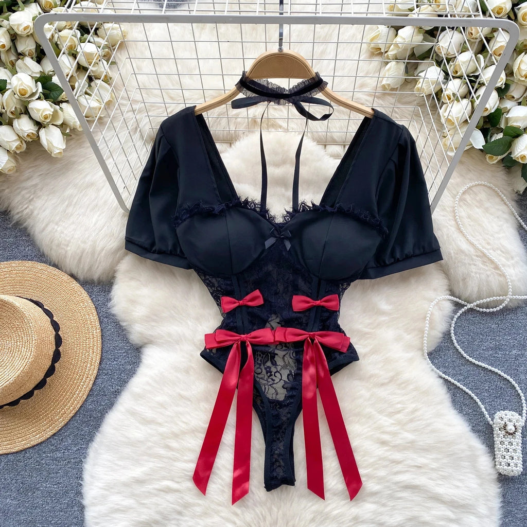 Female Sleevless Halter Playsuits Lace Sheer Open Crotch Lingerie Rompers Women Erotic Hollow Out Sexy Bodysuits Bow Jumpsuit