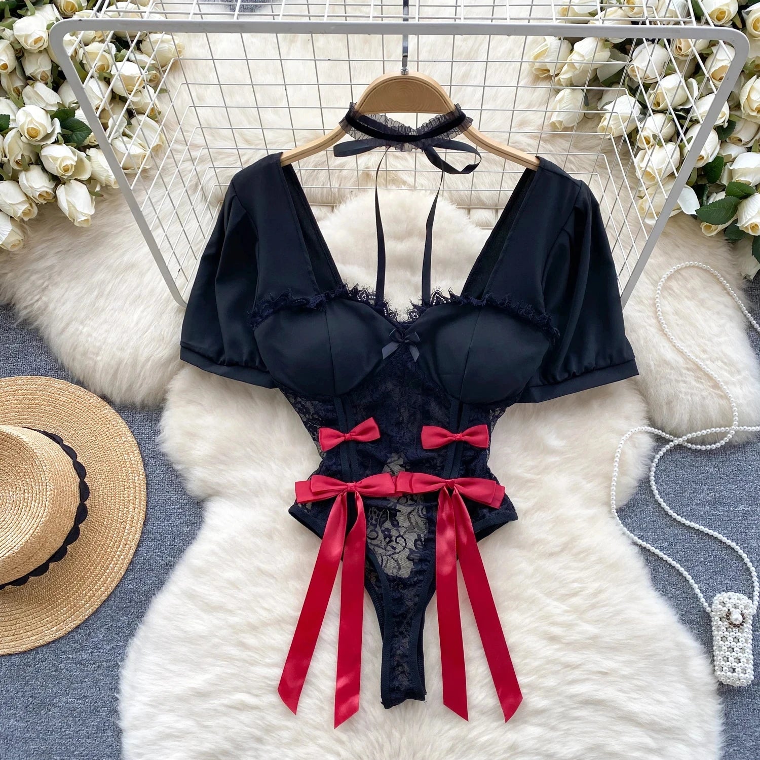 Female Sleevless Halter Playsuits Lace Sheer Open Crotch Lingerie Rompers Women Erotic Hollow Out Sexy Bodysuits Bow Jumpsuit
