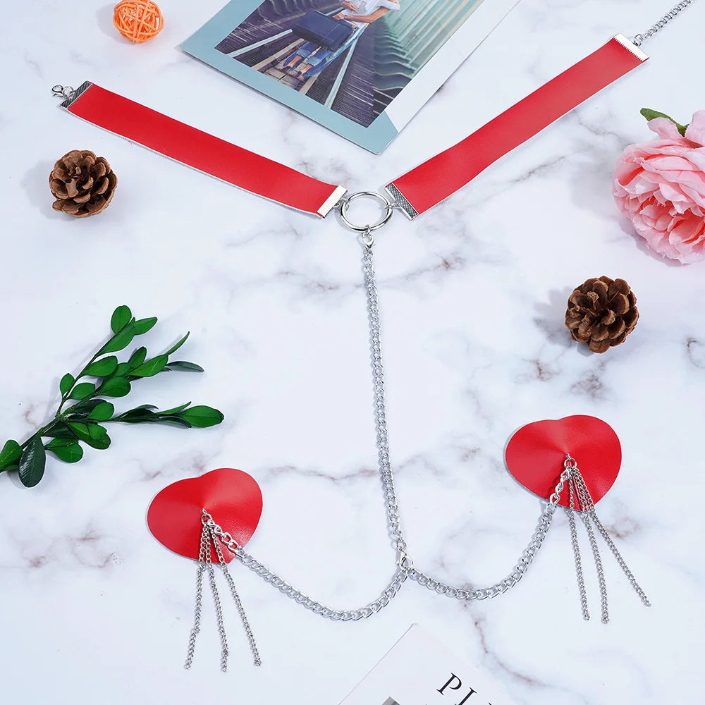 Sexy Metal Chain Linked Nipple Cover With Choker Nipple Pasties  Reusable Women Bondage Choker Collar Body Chain Sex Games Toys