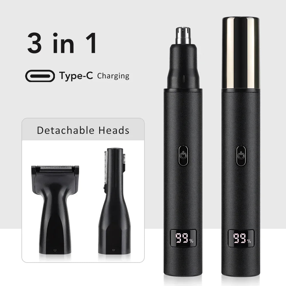 3 in 1 Electric Nose Hair Trimmer for Men Portable Digital Display Nose Ears Hair Eyebrow Trimmer 360° Roating Painless Safe