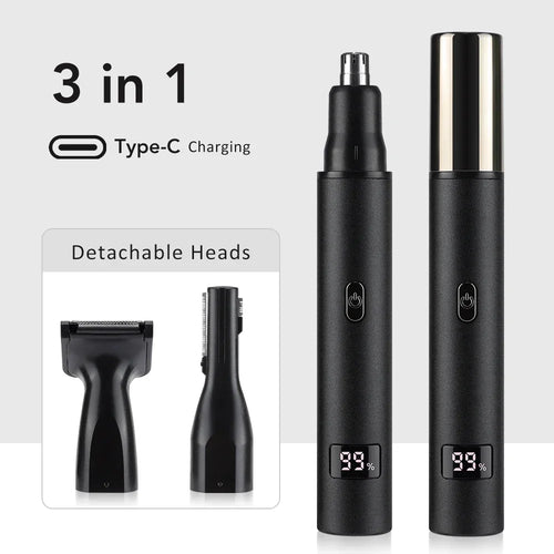 3 in 1 Electric Nose Hair Trimmer for Men Portable Digital Display Nose Ears Hair Eyebrow Trimmer 360° Roating Painless Safe