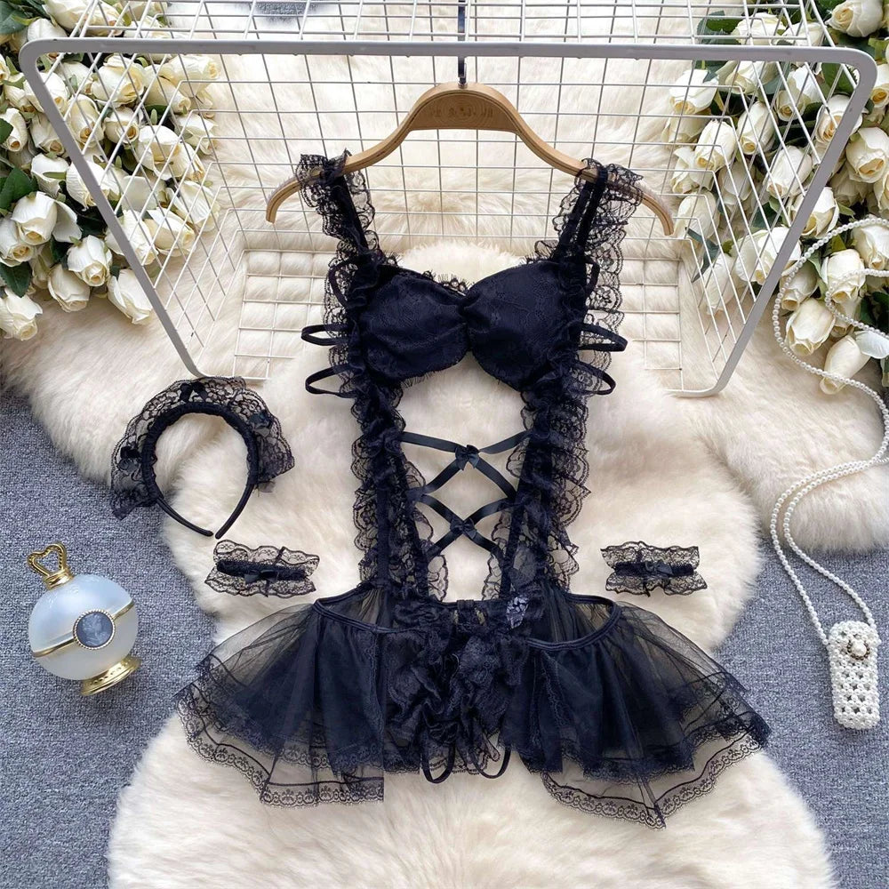 Female Sleevless Halter Playsuits Lace Sheer Open Crotch Lingerie Rompers Women Erotic Hollow Out Sexy Bodysuits Bow Jumpsuit