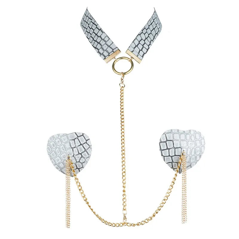 Sexy Metal Chain Linked Nipple Cover With Choker Nipple Pasties Reusable Women Bondage Choker Collar Body Chain Sex Games Toys