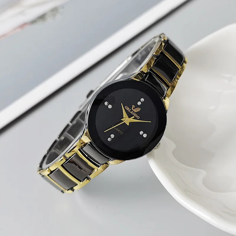 2PCS Couple's Watches Fashion Stainless Steel Band Men Women Analog Quartz Watches Set