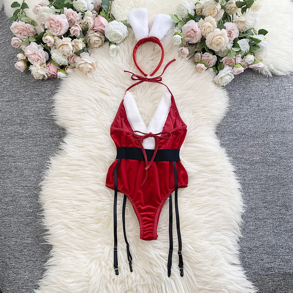 Ellolace Bunny Christmas Lingerie Bodysuit Velvet Red Erotic Costumes Hair Band Deep-V Sweet Girl Festival Set Woman 3 Pieces