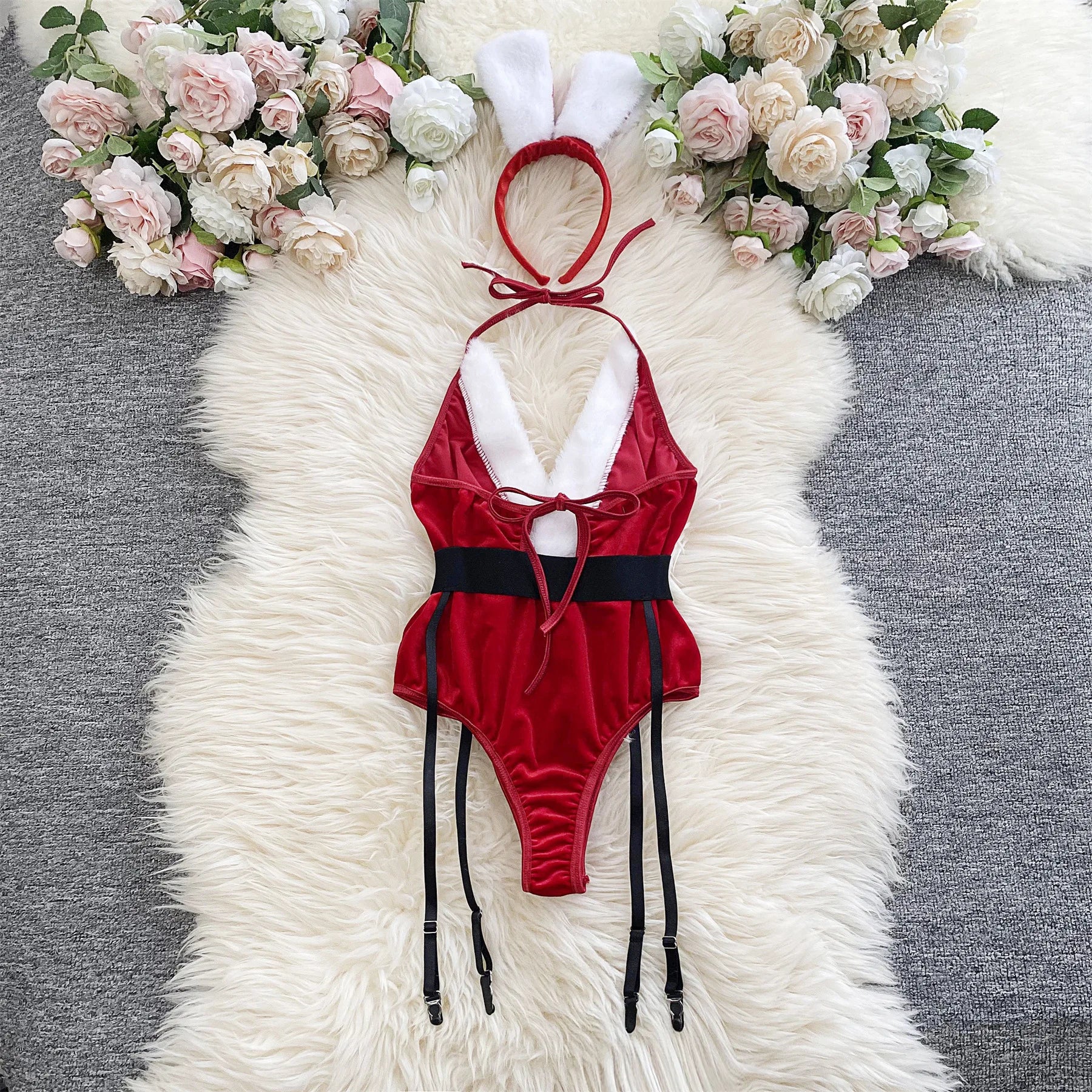 Ellolace Bunny Christmas Lingerie Bodysuit Velvet Red Erotic Costumes Hair Band Deep-V Sweet Girl Festival Set Woman 3 Pieces