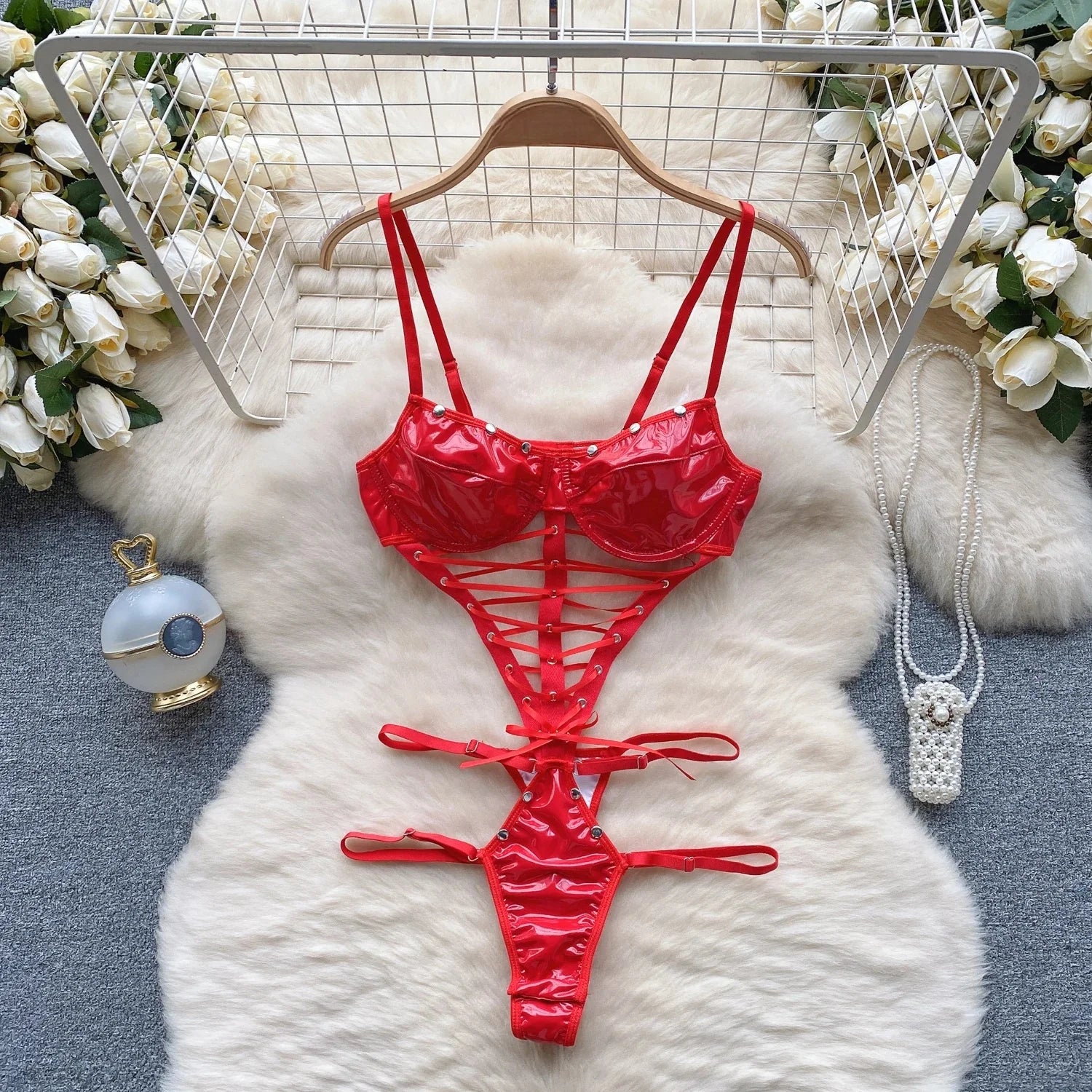 Japan Hotsweet Women's Sleepwear Set Strapless Cut Petal Sleeve Crop Top With Lace Up Pleat Mini Skirt Sexy Erotic Lingerie Set