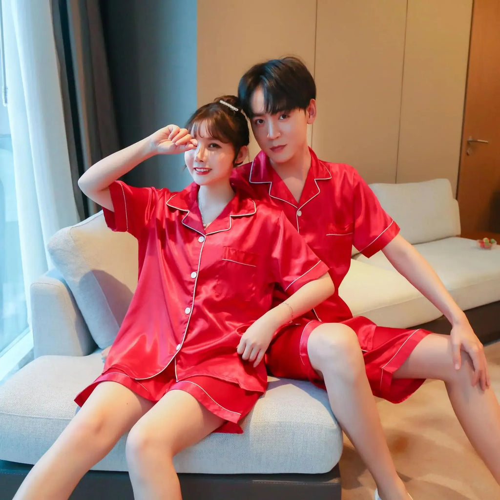 Solid Color Sleepwear Silk Satin Pajamas Couple Set Short-sleeved Pyjamas Suit Pijama Women Men Loungewear Plus Size Pj Set