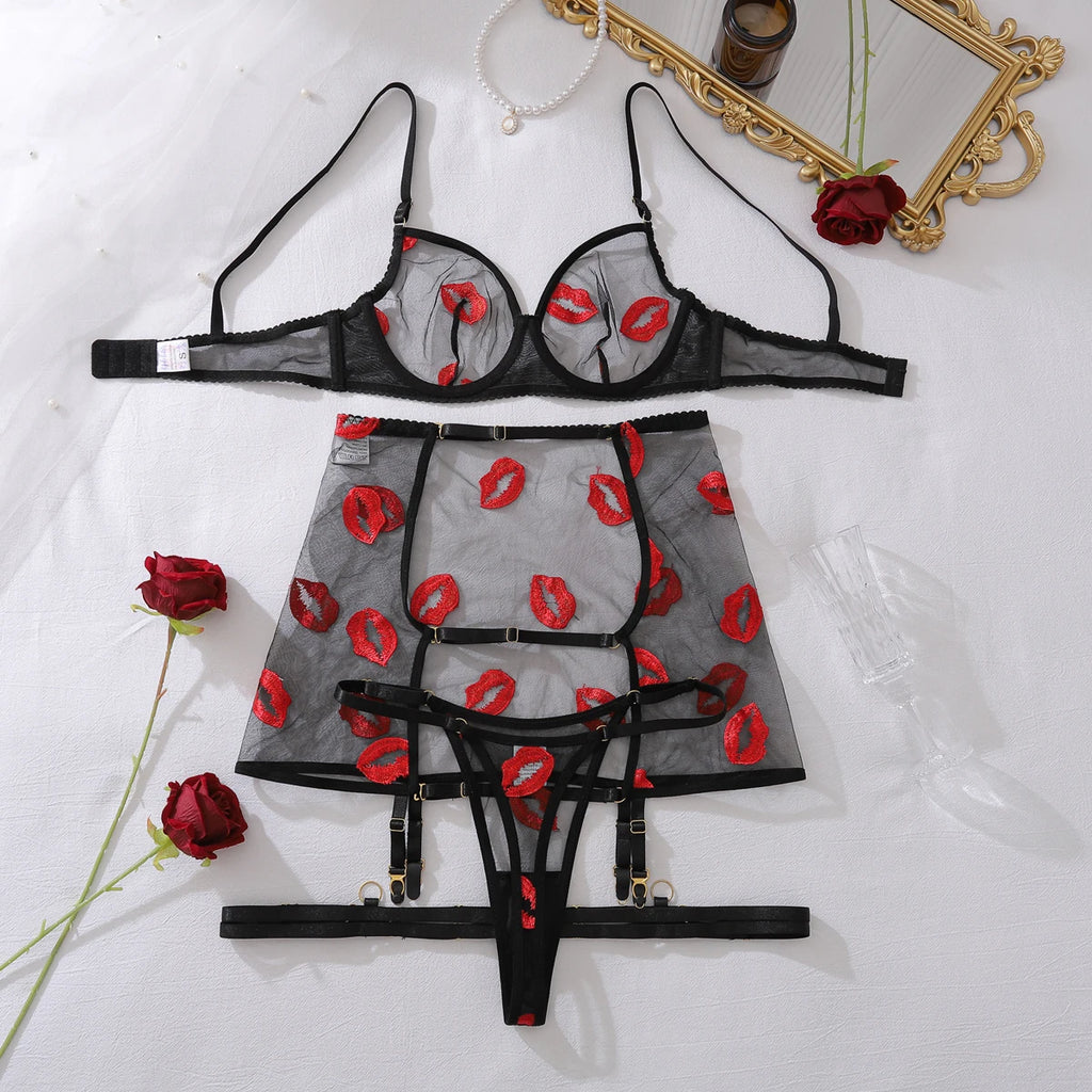 New Women's Mesh Perspective Red Lips Pure Desire Sexy Body Shaping Thin Underwear Split Four Piece Set
