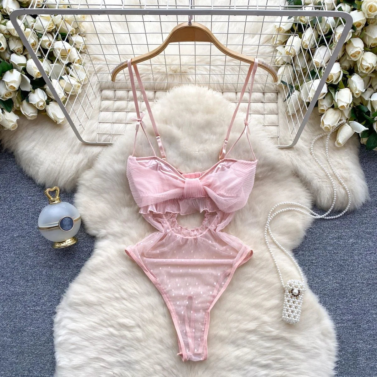 Japan Hotsweet Women's Sleepwear Set Strapless Cut Petal Sleeve Crop Top With Lace Up Pleat Mini Skirt Sexy Erotic Lingerie Set