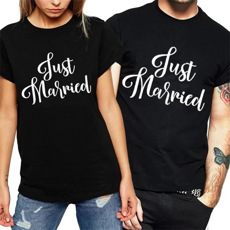 Just Married Couple T Shirt Matching Wedding Tees Newlywed Honeymoon Short Sleeve Cotton Tops for Men Women