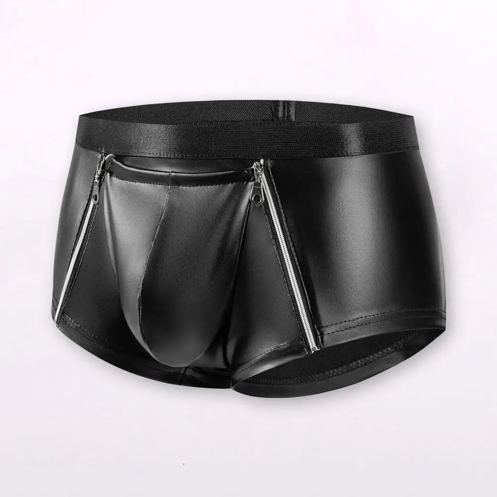 Men Sexy Shorts Briefs Double Zipper Underwear Matte Faux Leather Hot Shorts Bulge Pouch Shorts Panties Slim Fit Men Briefs
