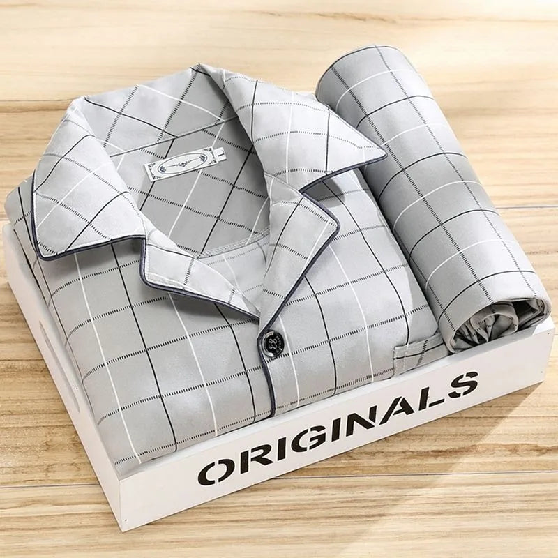 Casual Pure Cotton Men's Sleepwear Long Sleeve Long Pants Two-Piece Set Plaid Striped Simple Wearable Home Clothes
