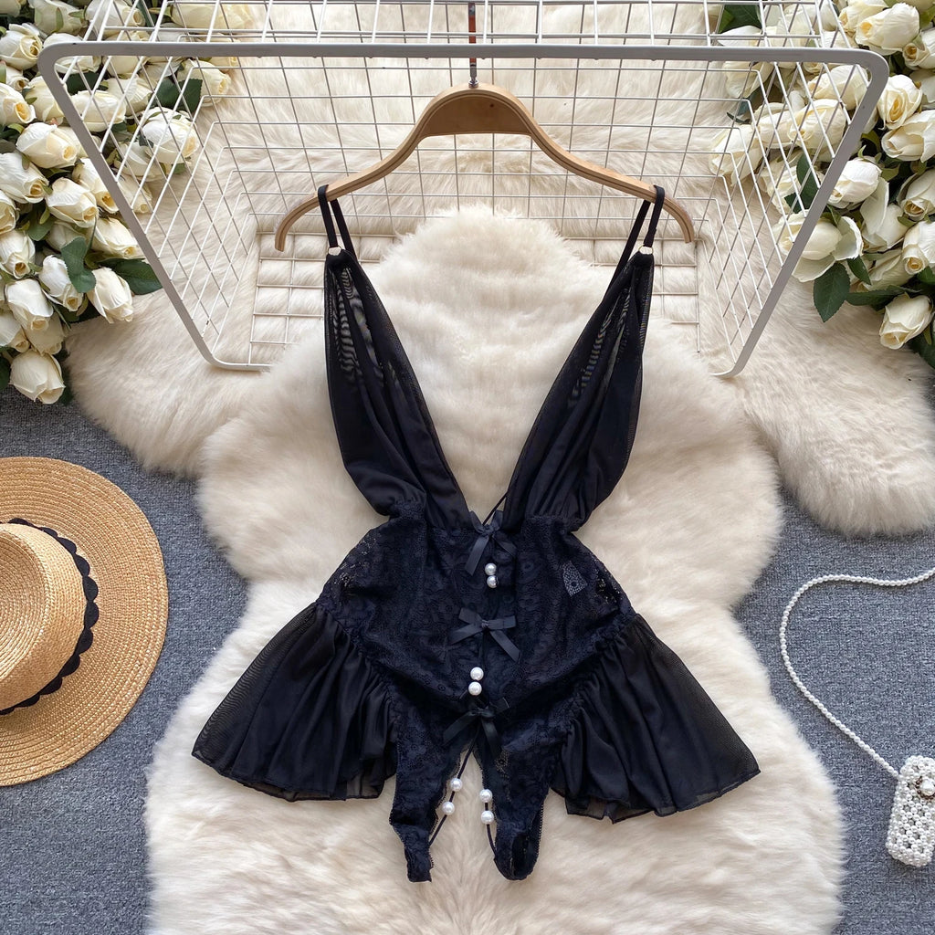 Female Sleevless Halter Playsuits Lace Sheer Open Crotch Lingerie Rompers Women Erotic Hollow Out Sexy Bodysuits Bow Jumpsuit