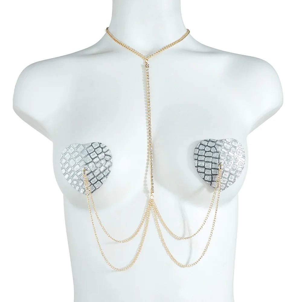 Sexy Metal Chain Linked Nipple Cover With Choker Nipple Pasties  Reusable Women Bondage Choker Collar Body Chain Sex Games Toys