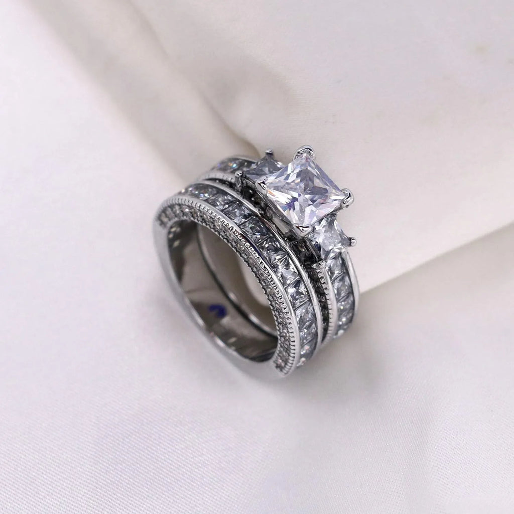 Couple Rings For Women White Rhinestones Zirconia Rings Set Simple CZ Stainless Steel Men Ring Wedding Jewelry For Lover Gifts