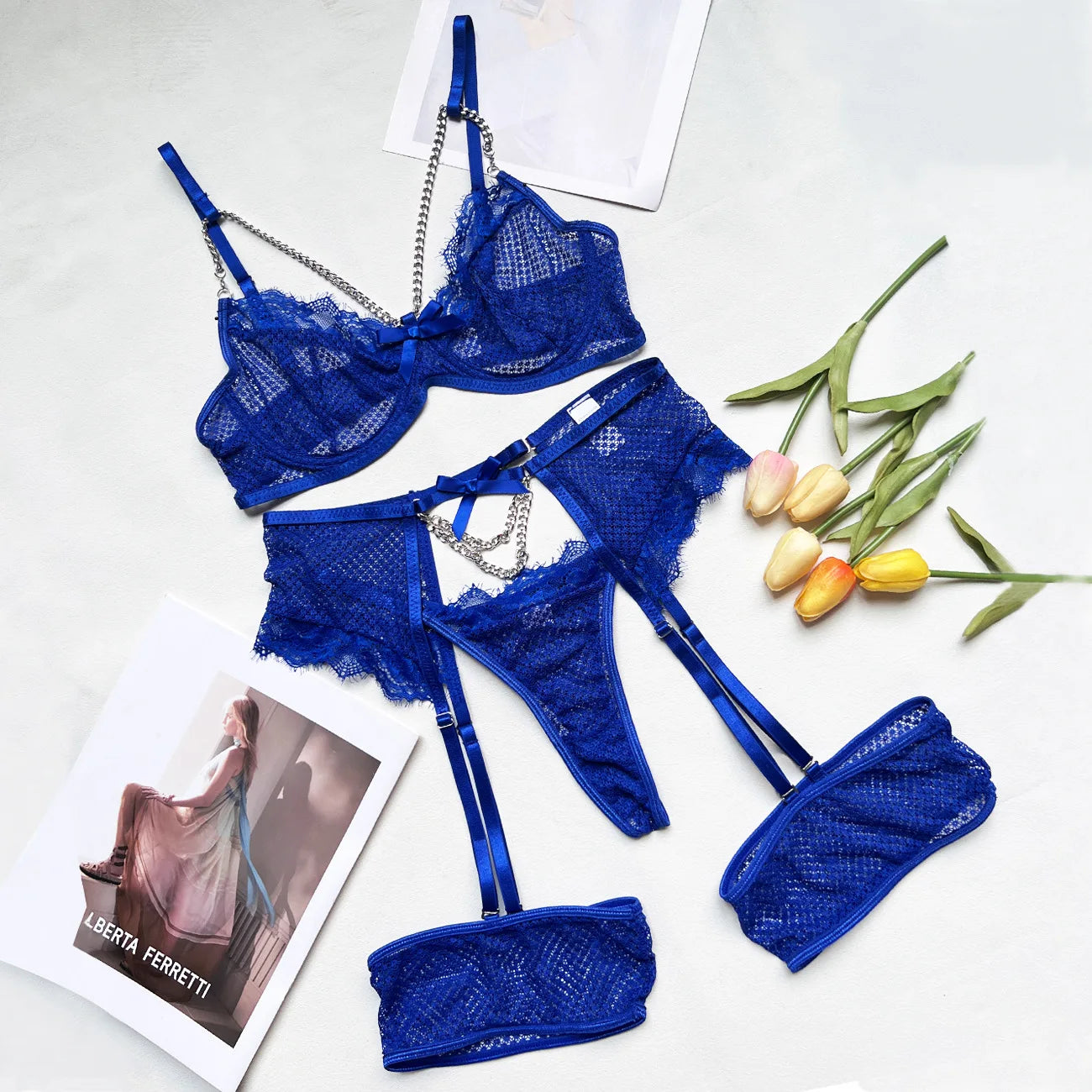 Women's Lace Garter Lingerie Set – Underwire Bra, Thong Panty & Garter Belt | Elegant Intimate Wear for Women