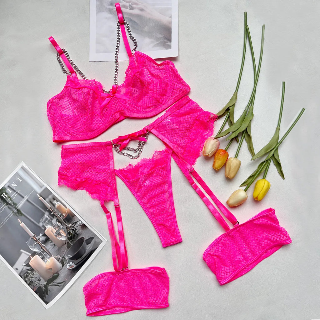Women's Lace Garter Lingerie Set – Underwire Bra, Thong Panty & Garter Belt | Elegant Intimate Wear for Women