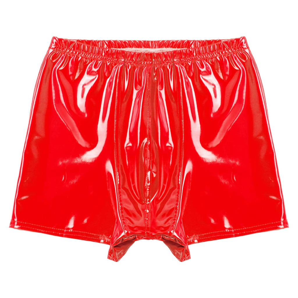 Mens Patent Leather Shorts Dance Performance Clubwear Wet Look Pants Elastic Waistband ShortsBulge Pouch Boxer Briefs Shorts