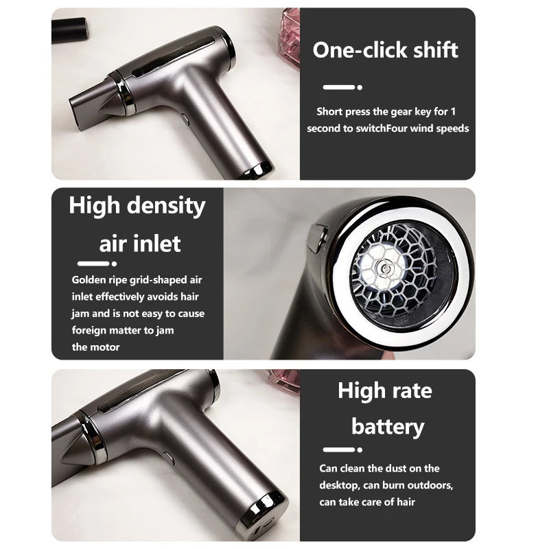 HOMEFISH 4 in 1 Wireless Hair Dryer Portable USB Rechargeable Negative Ions Blow Dryer Electric Air Duster Blower