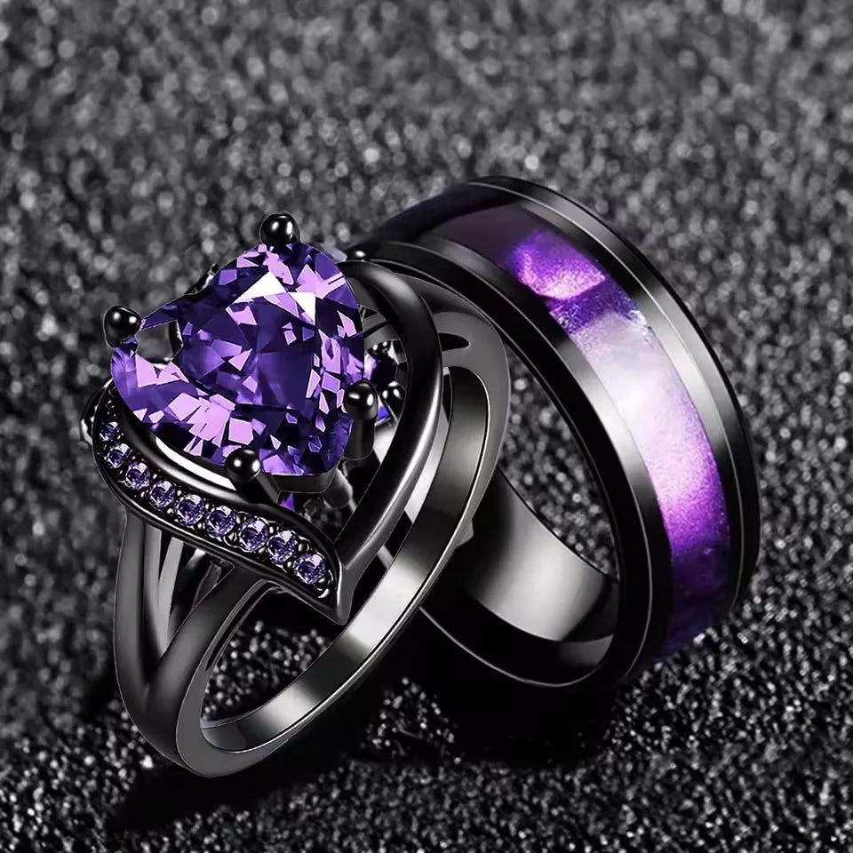 Fashion Couple Rings Romantic Women Heart Purple Rhinestones Zircon Ring Men's Women's Engagement Party Gift Jewelry Wholesale