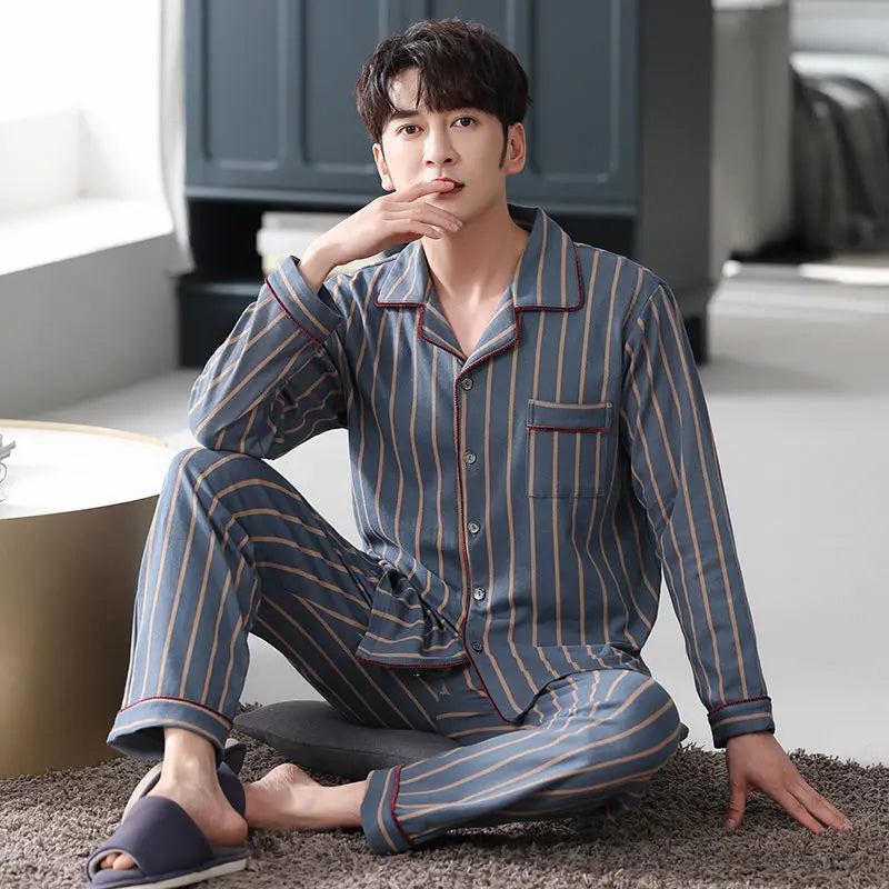 Spring Men's Fall and Winter Long-Sleeved Long Pants Middle-Aged Thin Section of Pajamas Sleepwear Homewear Suit Loungewear