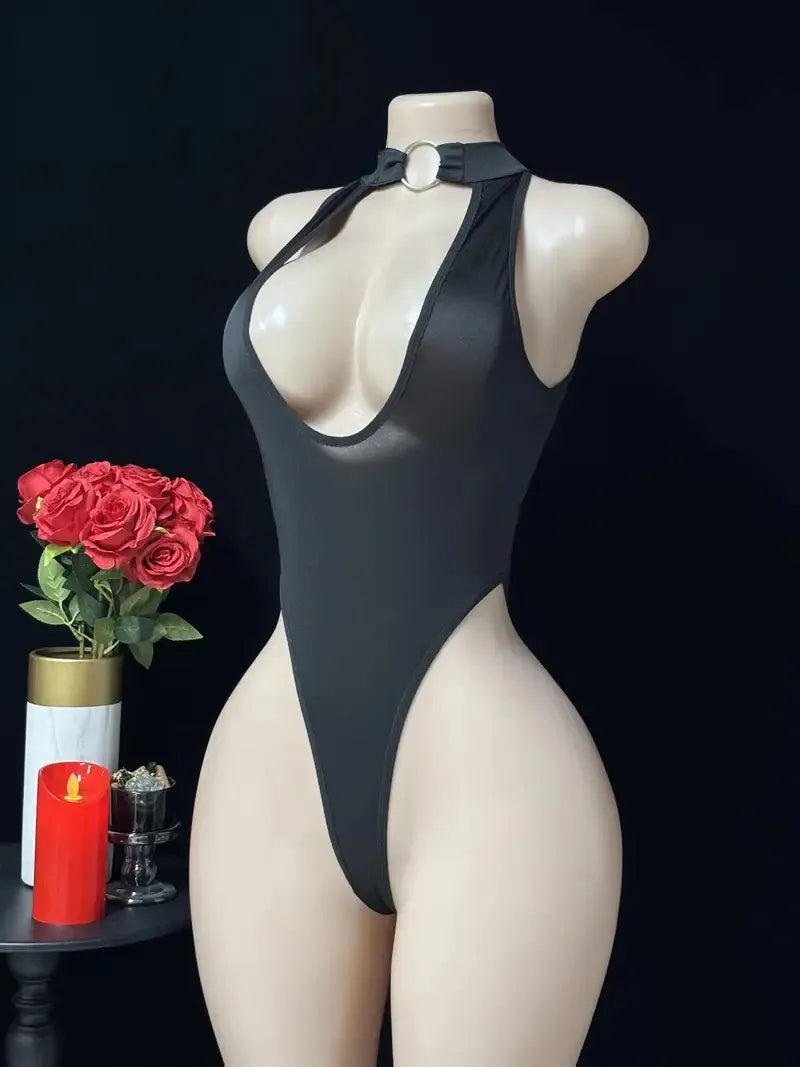 Erotic Open Bra Lingerie Women Sexy Costumes Deep V Hollow Bodysuit Hanging Neck Maid Dress Cosplay Uniform Crotchless Underwear