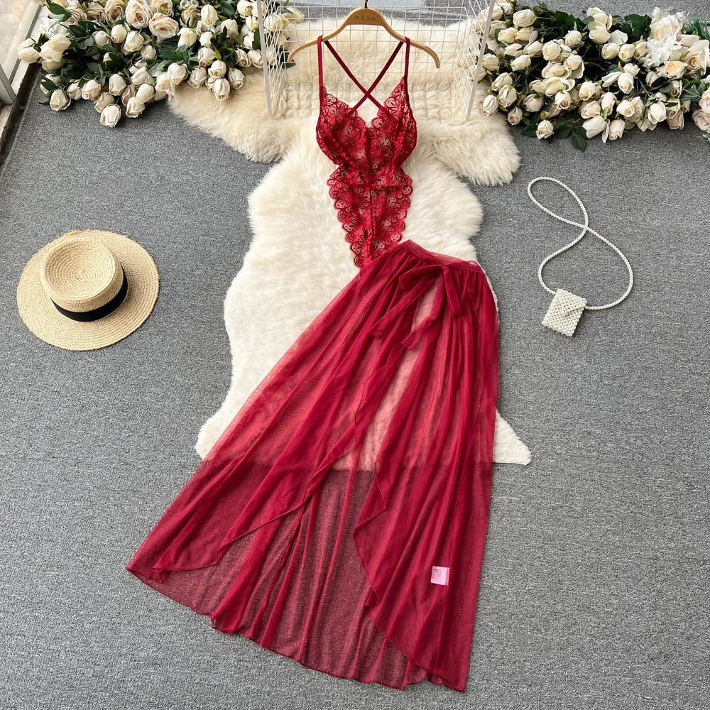 Female Sleevless Halter Playsuits Lace Sheer Open Crotch Lingerie Rompers Women Erotic Hollow Out Sexy Bodysuits Bow Jumpsuit