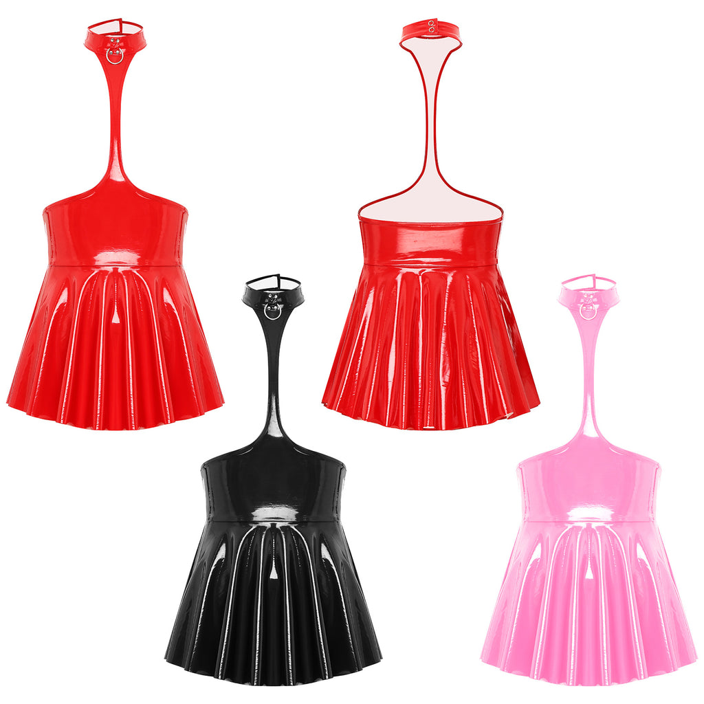 Women Mini Dress Female Sexy Lingerie Backless Open Chest Halter Ruffled Latex Skirt Pole Dance Party Nightclub Costume XXXXL