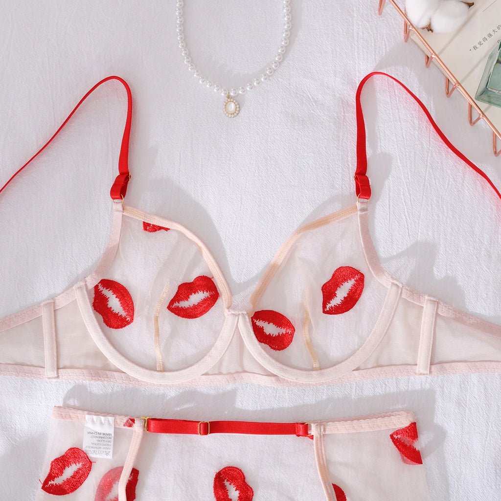 New Women's Mesh Perspective Red Lips Pure Desire Sexy Body Shaping Thin Underwear Split Four Piece Set