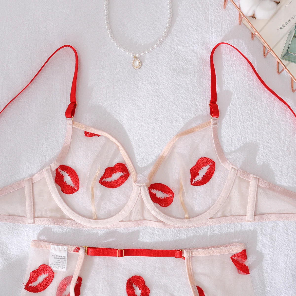 New Women's Mesh Perspective Red Lips Pure Desire Sexy Body Shaping Thin Underwear Split Four Piece Set