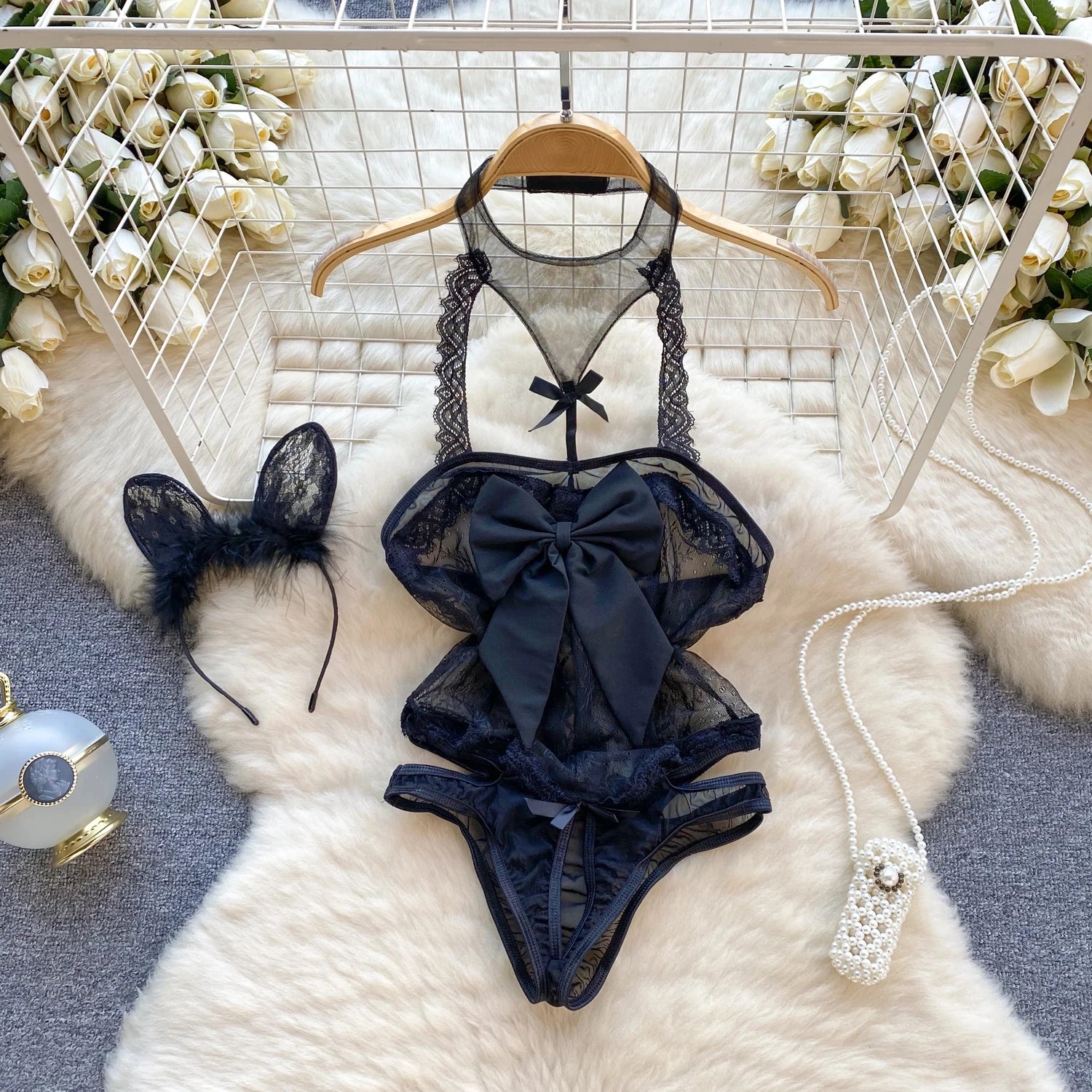 Female Sleevless Halter Playsuits Lace Sheer Open Crotch Lingerie Rompers Women Erotic Hollow Out Sexy Bodysuits Bow Jumpsuit