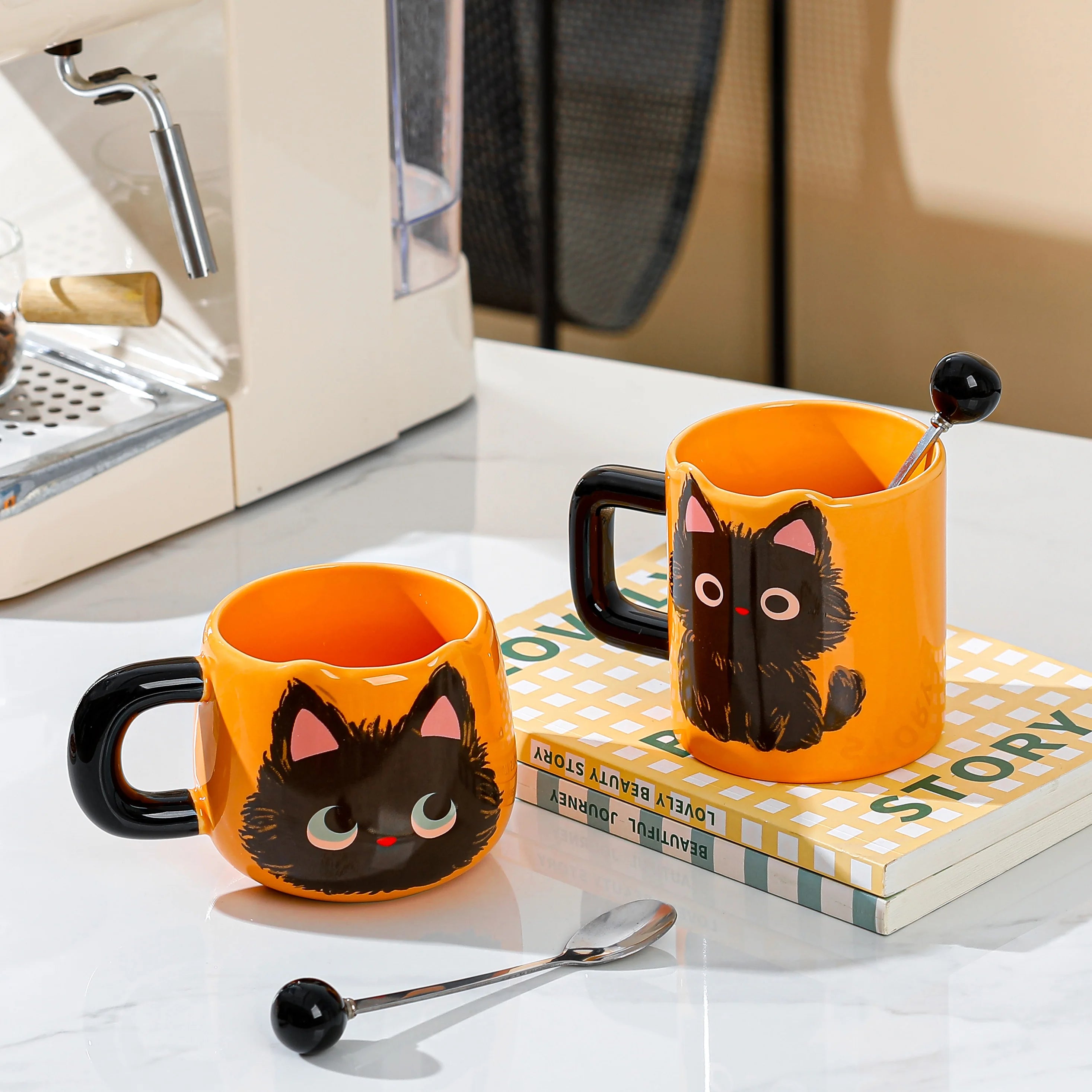 Ceramic  Head Mugs with Spoons Cute Animal Design Drinking Water Cups for Couples Home Office Birthday Gifts