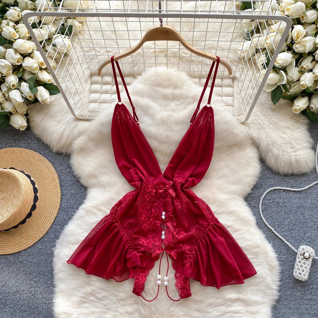 Female Sleevless Halter Playsuits Lace Sheer Open Crotch Lingerie Rompers Women Erotic Hollow Out Sexy Bodysuits Bow Jumpsuit