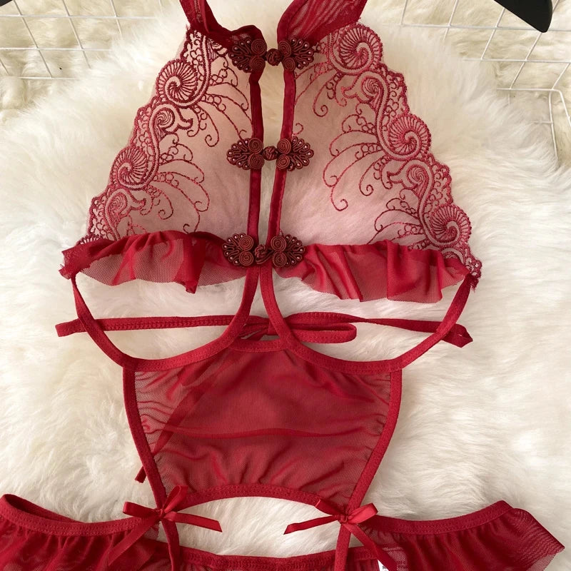 Female Sleevless Halter Playsuits Lace Sheer Open Crotch Lingerie Rompers Women Erotic Hollow Out Sexy Bodysuits Bow Jumpsuit