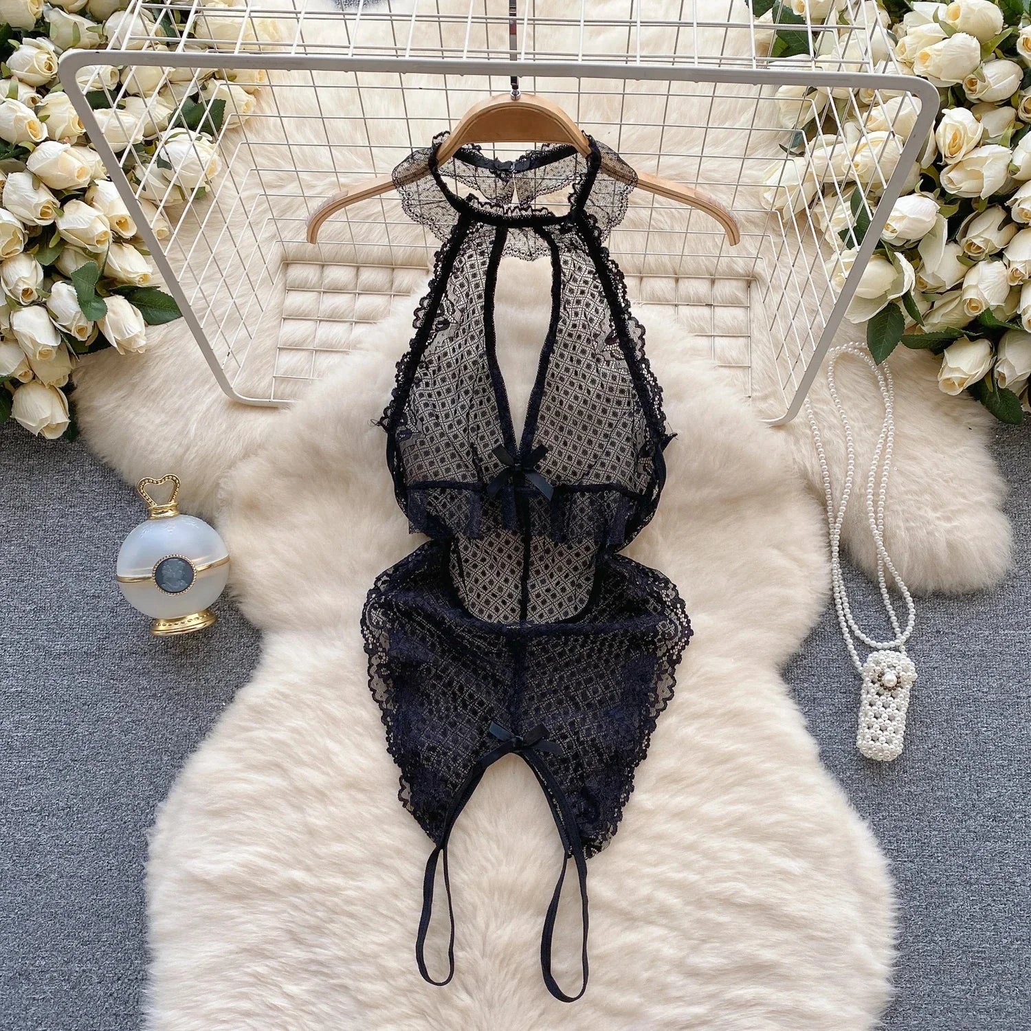 Sexy Lace Strap Jumpsuit Slim Fit Transparent Women's Pajamas Halter Playsuit Erotic Lingerie Catsuit Backless Hollowed Bodysuit