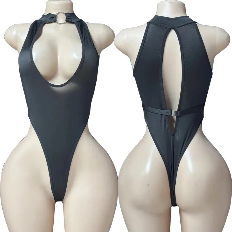 Erotic Open Bra Lingerie Women Sexy Costumes Deep V Hollow Bodysuit Hanging Neck Maid Dress Cosplay Uniform Crotchless Underwear