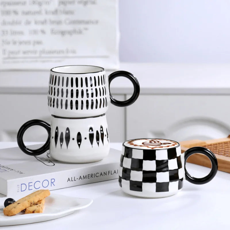 Creative Ceramic Coffee Mug Black White Couple Mug Home Chessboard Latte Latte Coffee Cup Simple Afternoon Tea Supplies New Gift