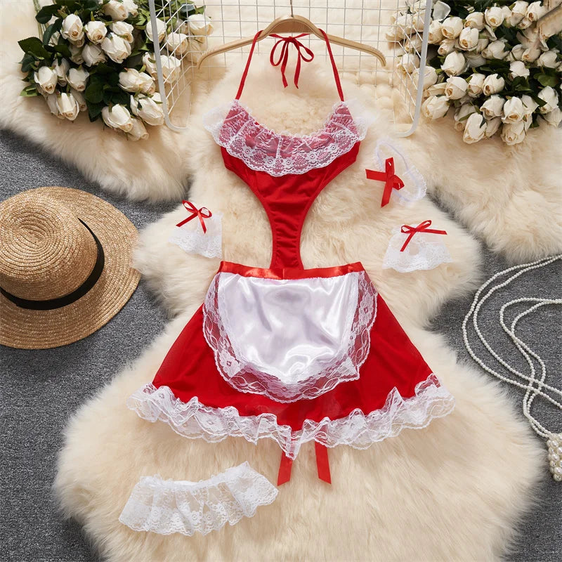Red Christmas Cosplay Rabbit girl Jumpsuit Sexy Lingerie Belt Women New In Clothing Casual Backless Hollow Out Lace-up Bodysuit