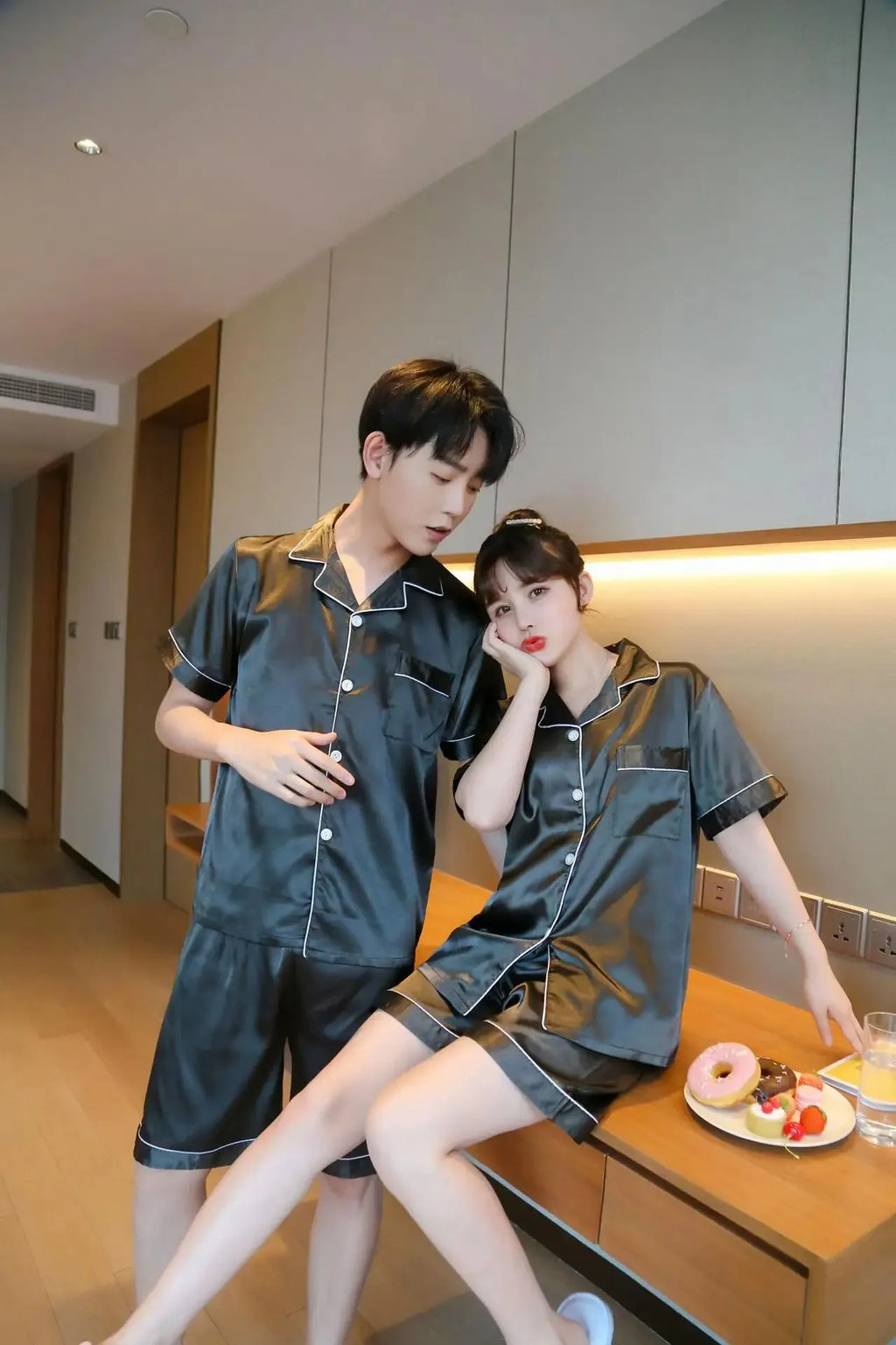 Solid Color Sleepwear Silk Satin Pajamas Couple Set Short-sleeved Pyjamas Suit Pijama Women Men Loungewear Plus Size Pj Set