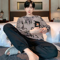 Two Piece Plus Size Men Pajamas Long Sleeve Loose Breathable Cartoon Bear Striped Letters Black Crew Neck Loungewear Set pj