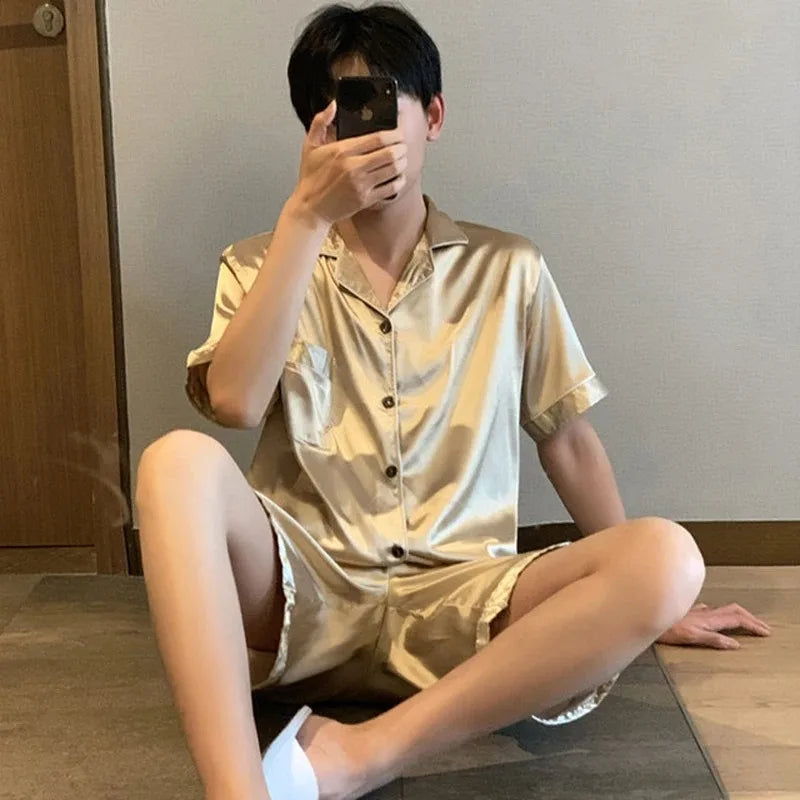 Solid Color Sleepwear Silk Satin Pajamas Couple Set Short-sleeved Pyjamas Suit Pijama Women Men Loungewear Plus Size Pj Set