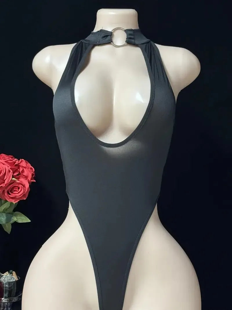 Erotic Open Bra Lingerie Women Sexy Costumes Deep V Hollow Bodysuit Hanging Neck Maid Dress Cosplay Uniform Crotchless Underwear
