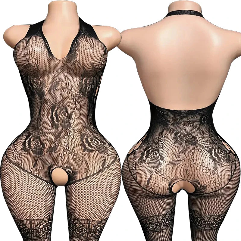 Red Erotic Wrap Hips Lingerie Women Fishnet Hollow Bra Set Sexy Open Back Teddy Body Suits Turtleneck Long Sleeve Underwear Sets